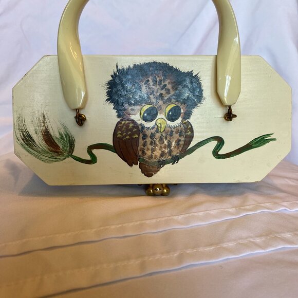 MCM VINTAGE ANNIE LAURIE BOX HANDBAG PURSE - HAND PAINTED CUTE OWLS - Picture 2 of 9